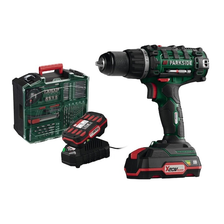 Perceuse 20 V avec 2 batteries, chargeur et accessoires